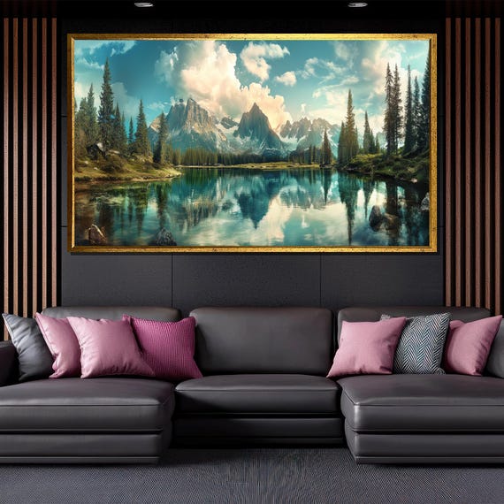 Mountain Lake Reflection Painting Scenic Nature Wall Art For Living Room Decor Gift For Outdoor Lovers