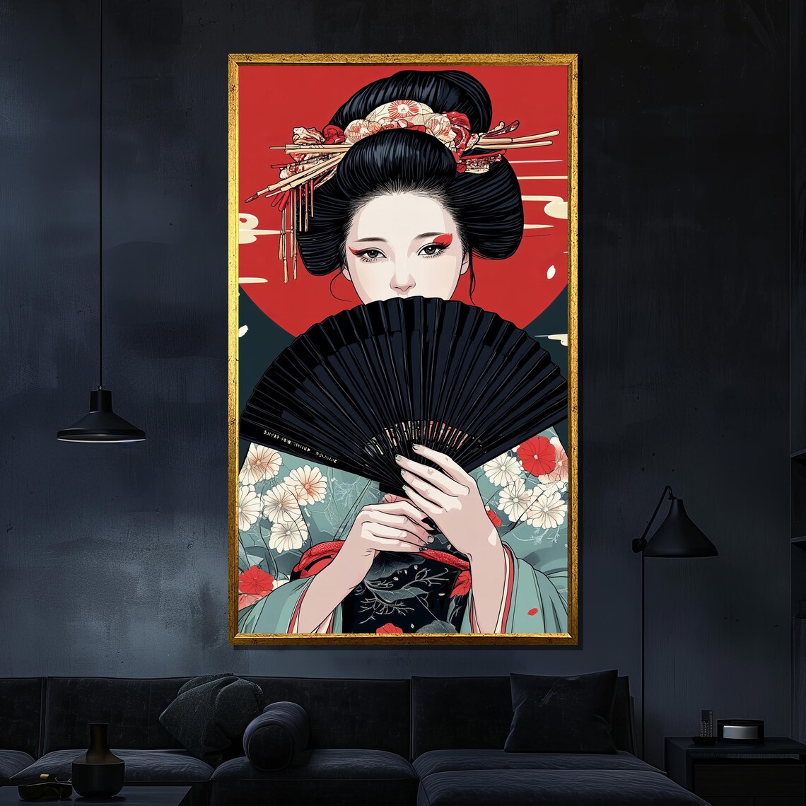 Geisha Holding Black Fan Traditional Japanese Graphic Art Poster