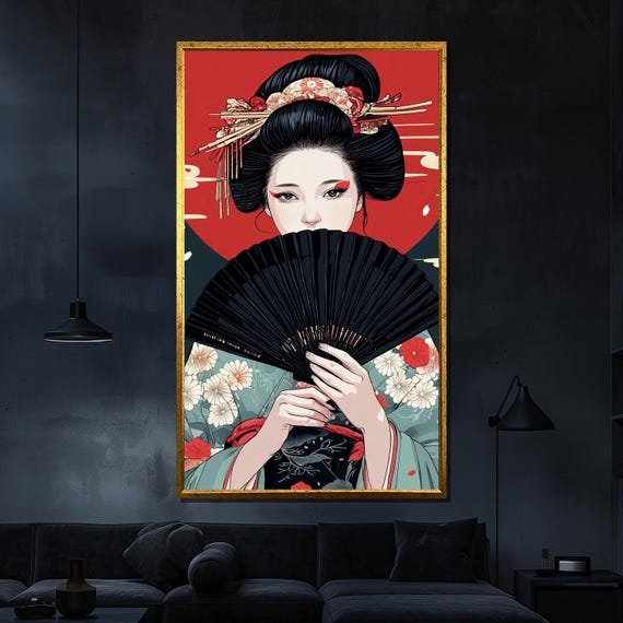 Geisha With Fan Painting Bold Japanese Wall Art Elegant Asian Inspired Gift For Home Decor