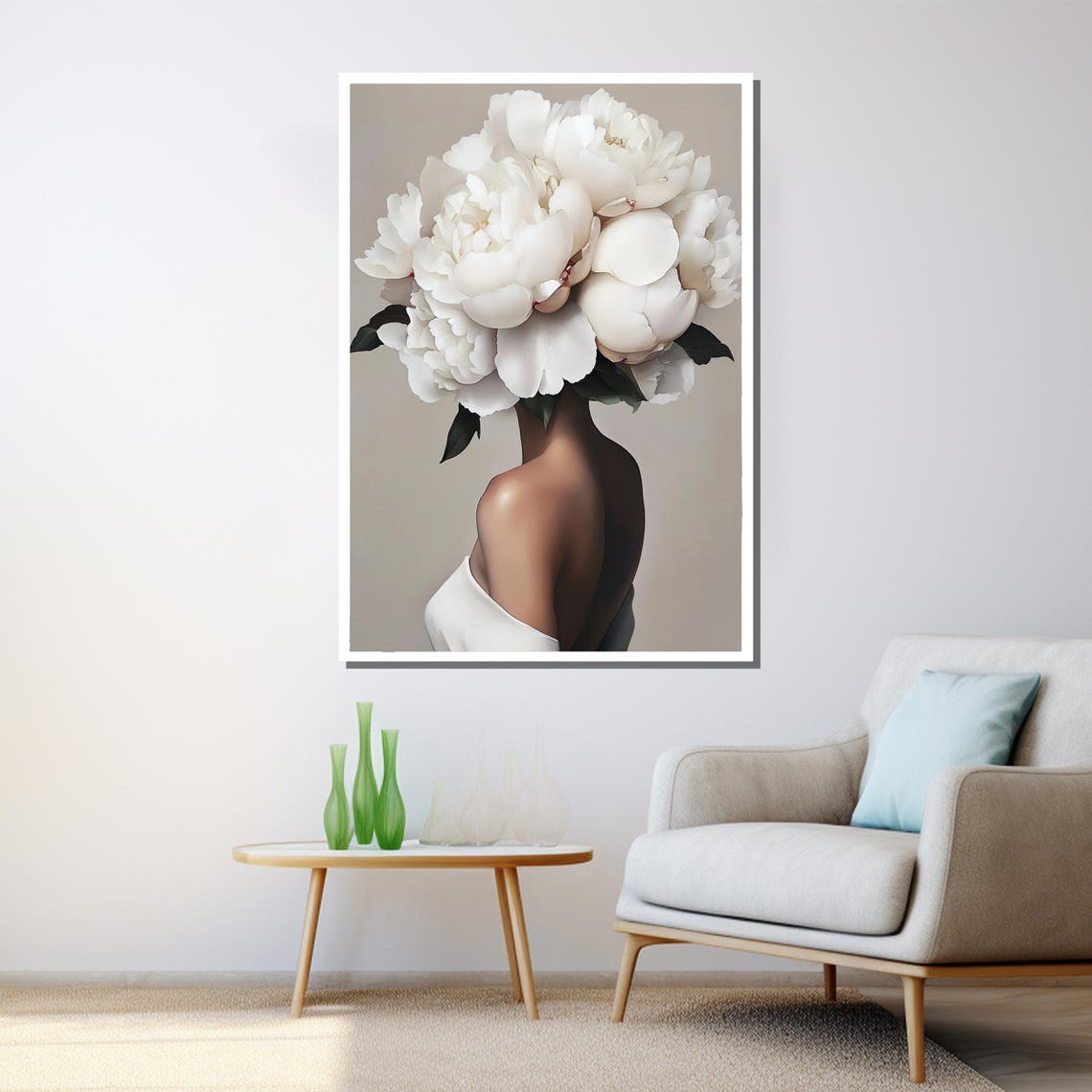 White Peony Flower Head Surreal Woman Back View Elegant Wall Art Print - Image 3