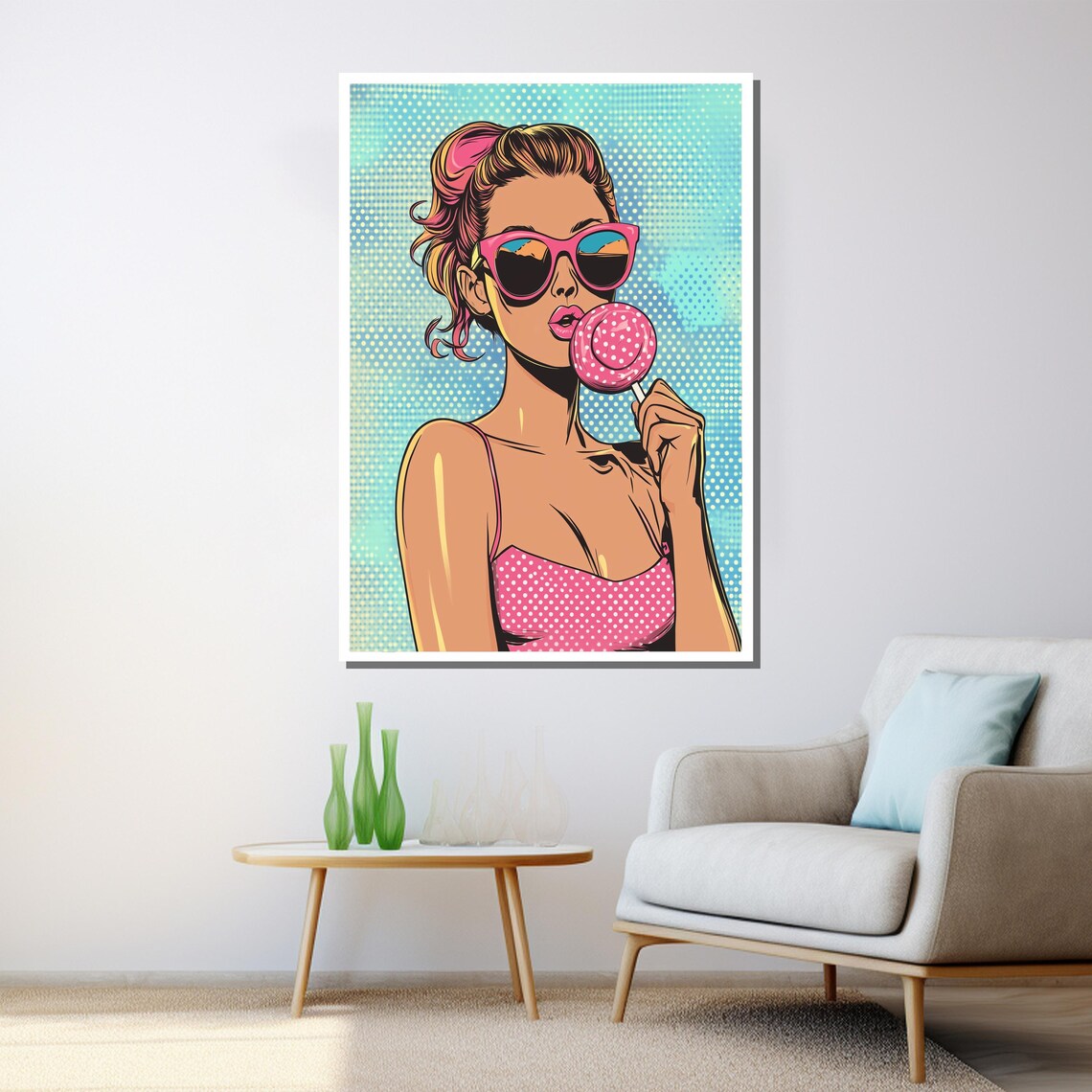 Pop Art Woman Pink Sunglasses Lollipop Retro Colorful Wall Art Poster - Image 3