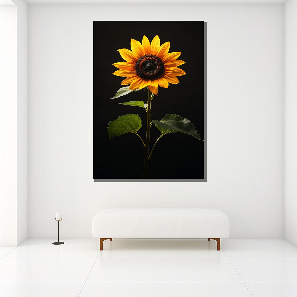 Sunflower With Green Leaves On Black Background Nature Art Poster - Image 2