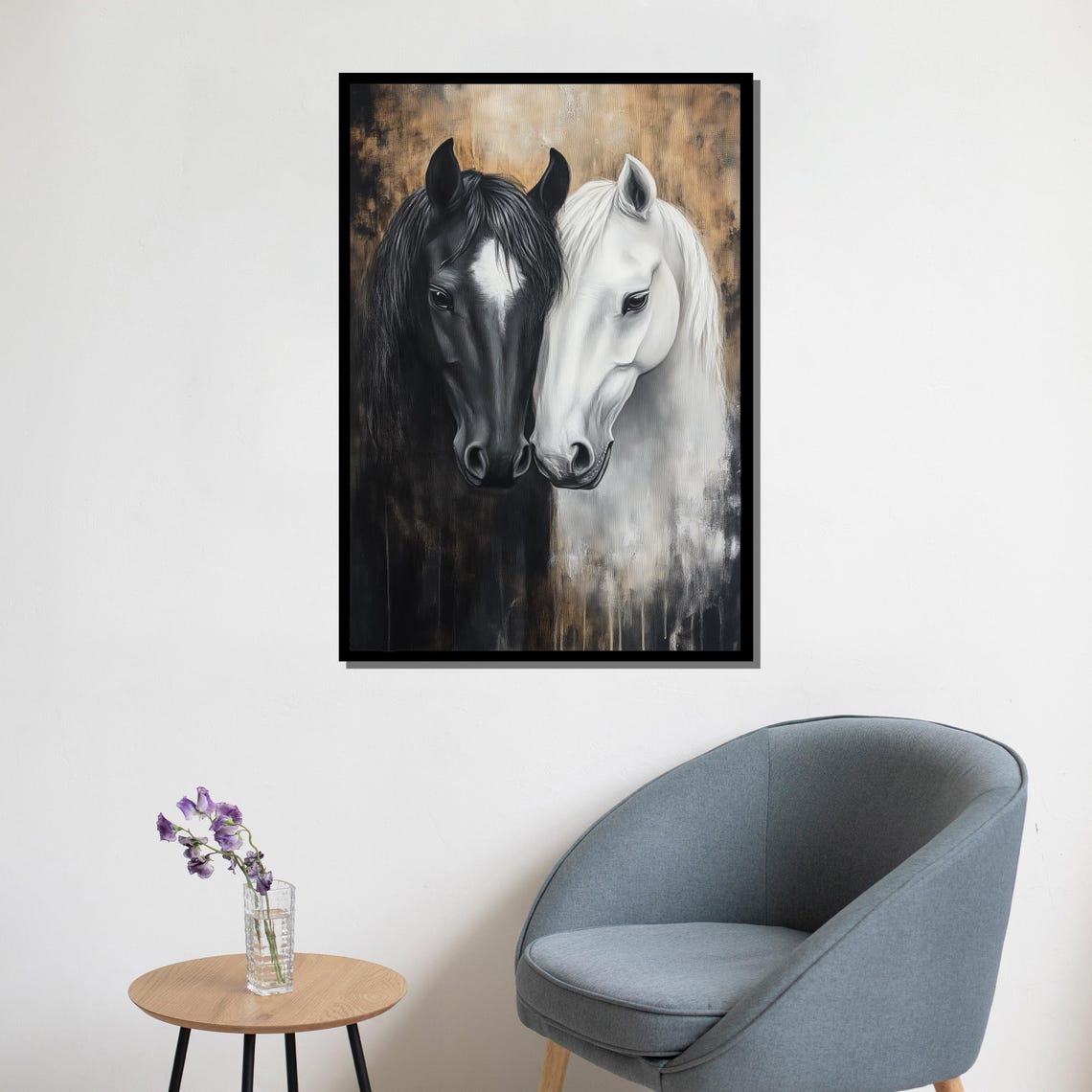 Black White Horses Nuzzling Elegant Equine Couple Portrait Wall Art - Image 5