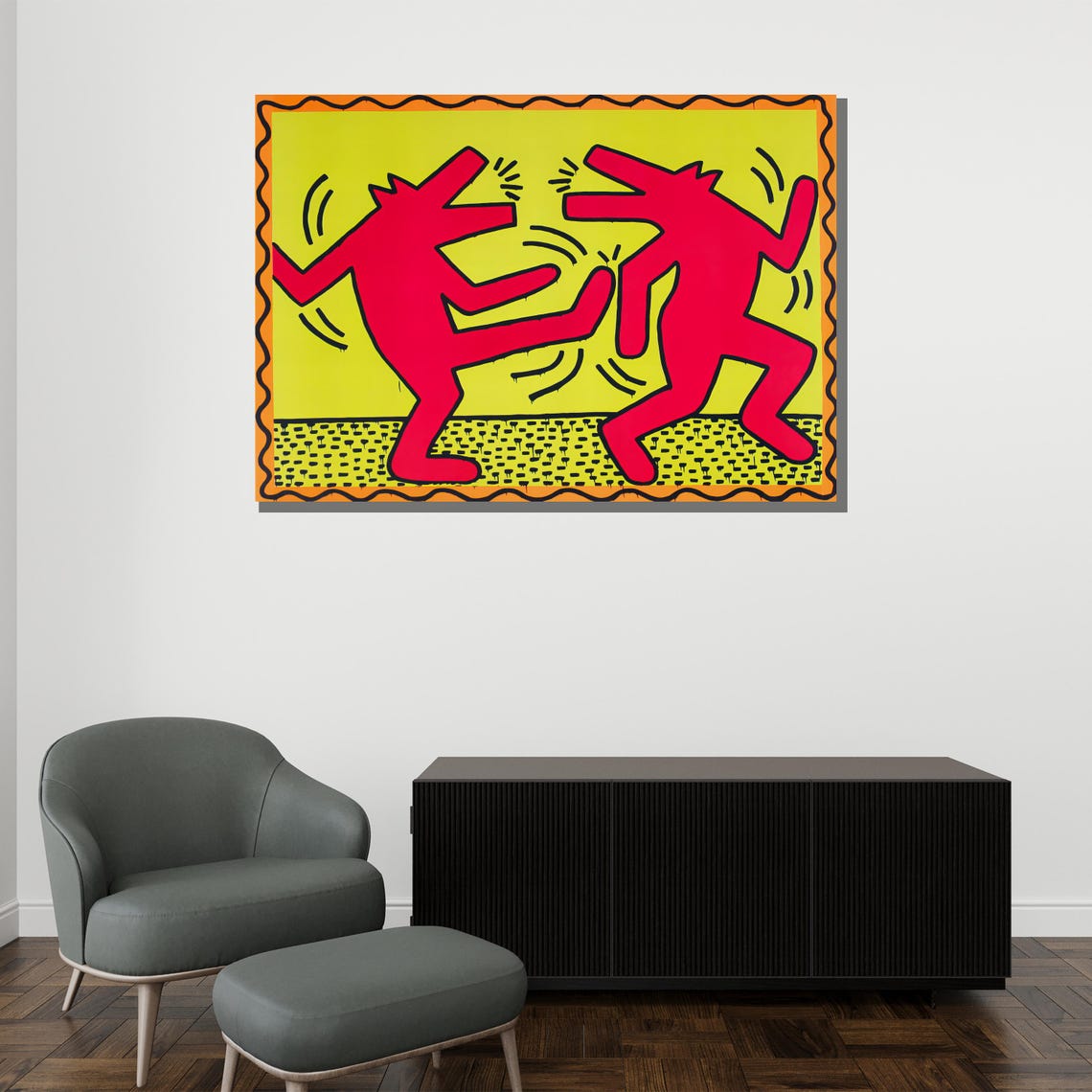 Keith Haring Style Red Dancing Figures Yellow Pop Art Wall Poster - Image 2