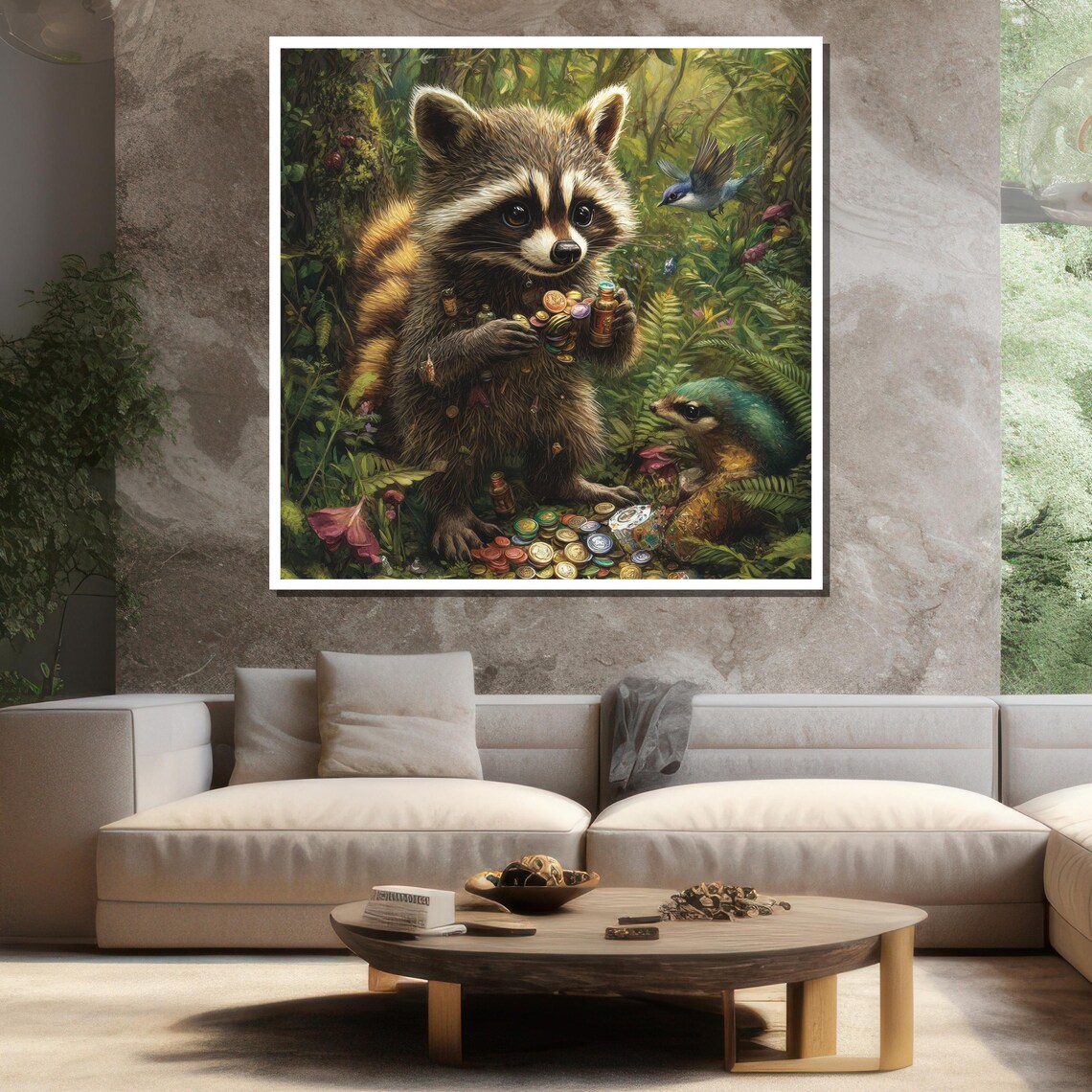 Cute Baby Raccoon Collecting Bottle Caps Forest Birds Wildlife Poster - Image 3