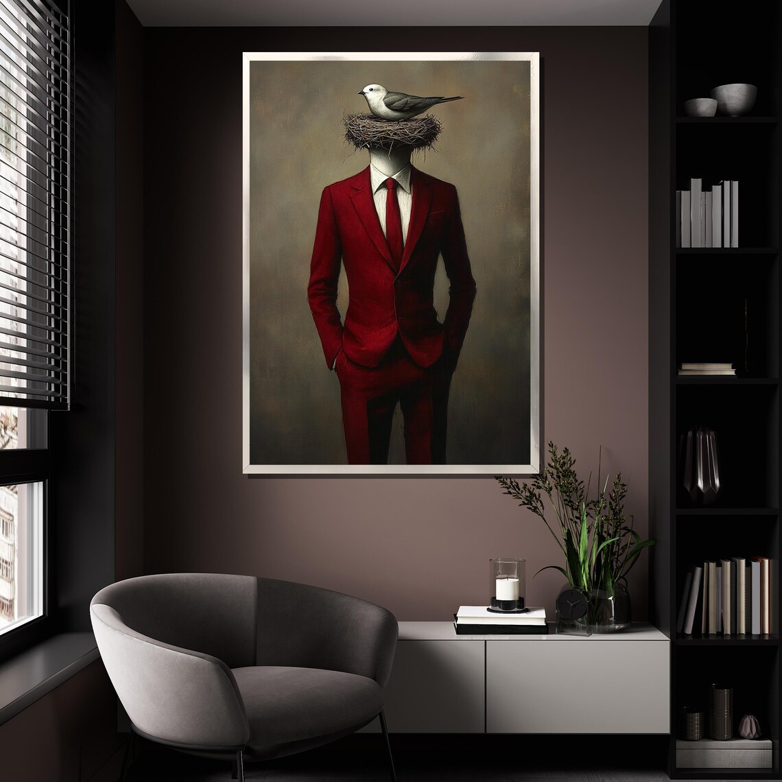 Man In A Red Suit With A Bird Nest For A Head Surreal Poster - Image 4