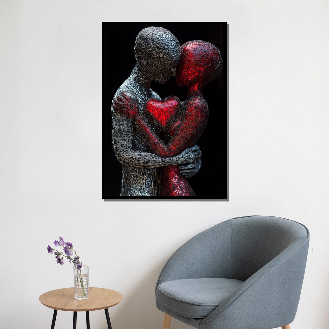 Abstract Wire Sculpture Couple Embrace Glowing Red Heart Wall Poster - Image 5
