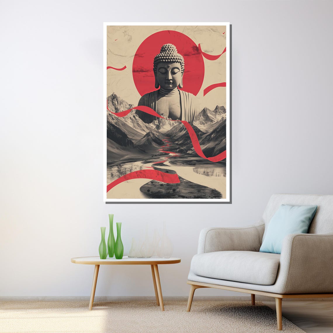 Japanese Buddha Red Sun Mountain Landscape Modern Zen Ink Style Poster - Image 3
