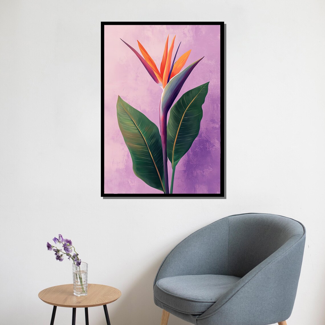 Bird Of Paradise Flower Tropical Painting Purple Background Wall Art - Image 5