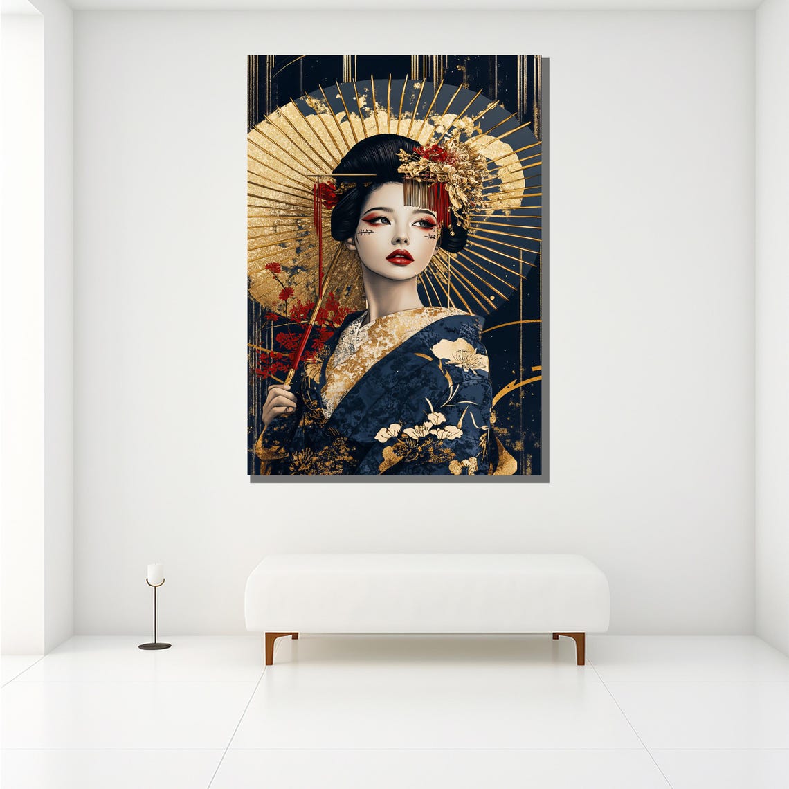 Luxury Geisha Gold Parasol Navy Blue Kimono Japanese Elegant Poster - Image 2