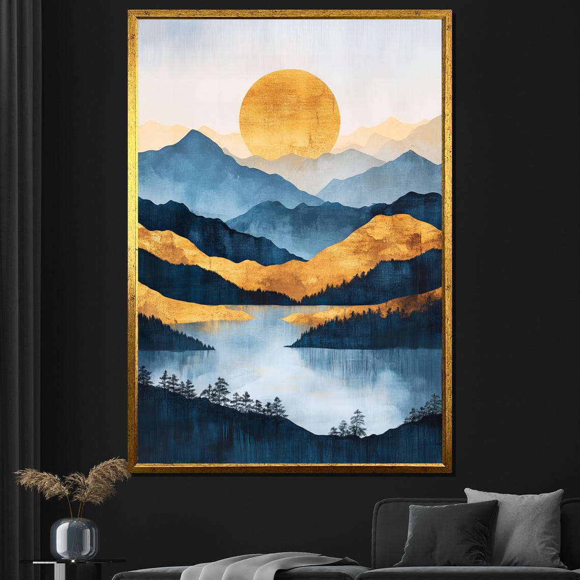 Golden Sun Over Blue Mountain Lake Reflection Minimalist Nature Poster