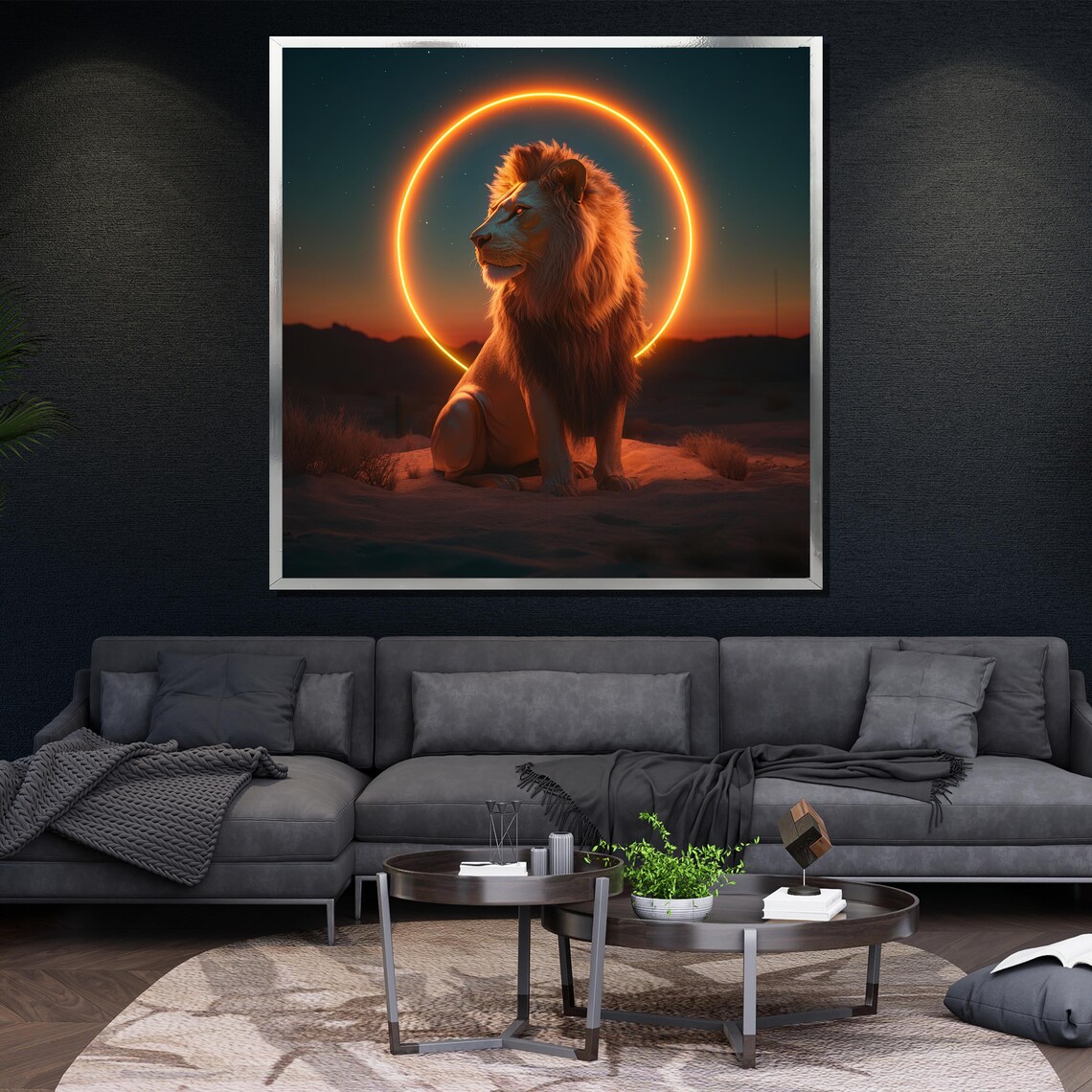 Lion Neon Halo Desert Dusk Bold Modern Wildlife Glow Wall Art - Image 4