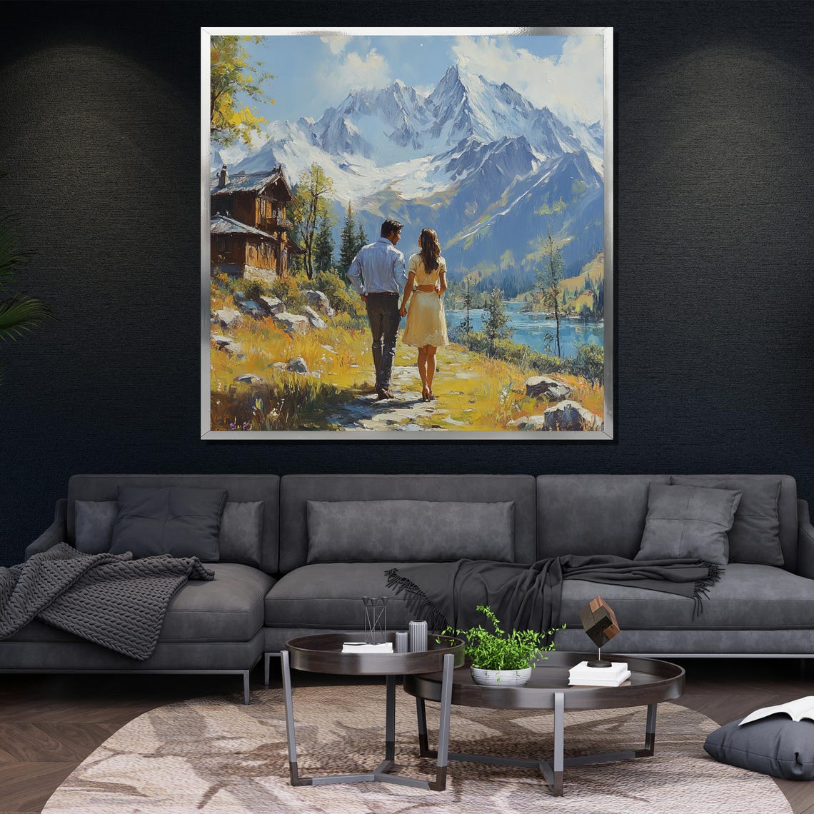 Romantic Couple Walking In Nature Painting Mountain Landscape Wall Art Modern Home Decor Gift - Image 4