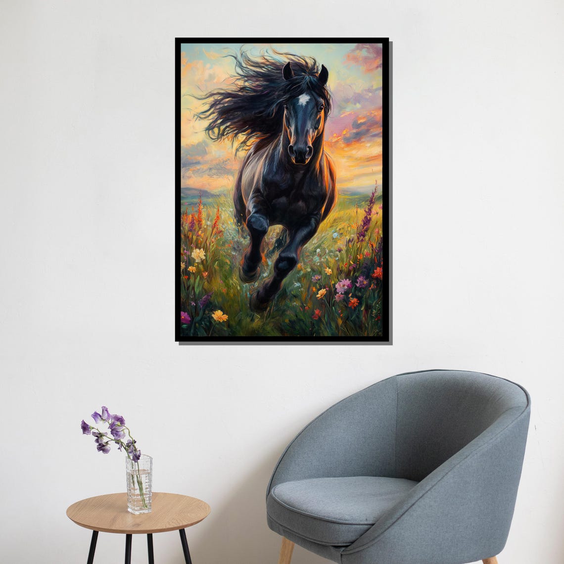 Black Horse Galloping Wildflowers Sunset Dynamic Equine Poster - Image 5