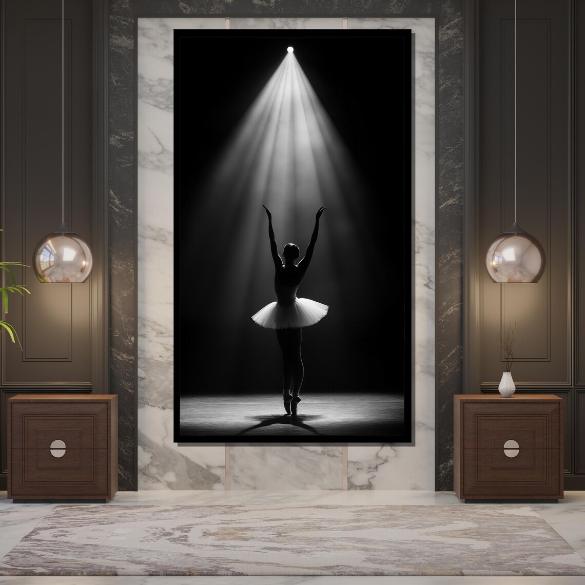 Ballerina Under Spotlight Silhouette Black And White Stage Ballet Poster - Image 5