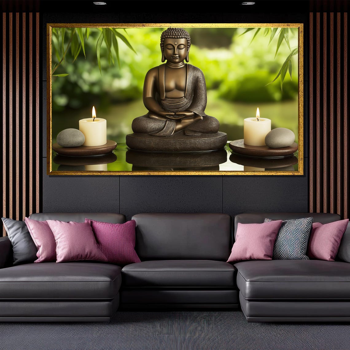Bronze Buddha Candles Stones Serene Garden Zen Meditation Wall Poster