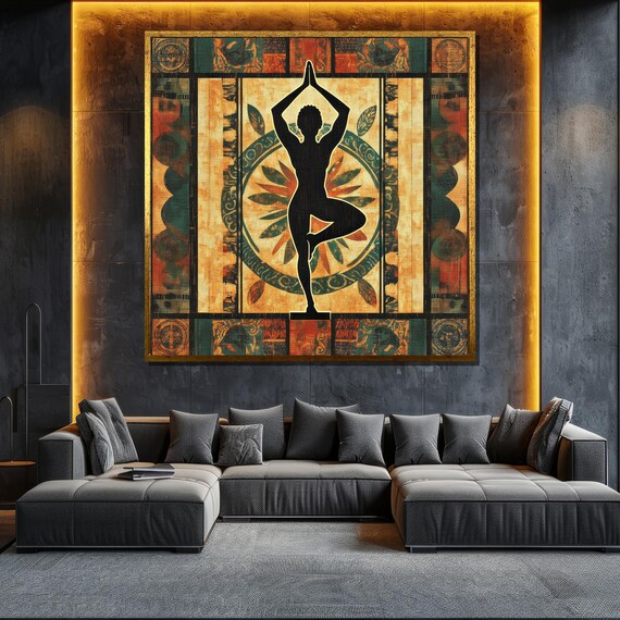 Boho Yoga Tree Pose Silhouette Colorful Mandala Textile Spiritual Poster