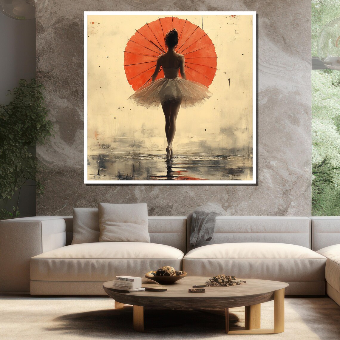 Ballerina Holding Red Parasol From Behind Dreamy Textured Painting Poster - Image 3