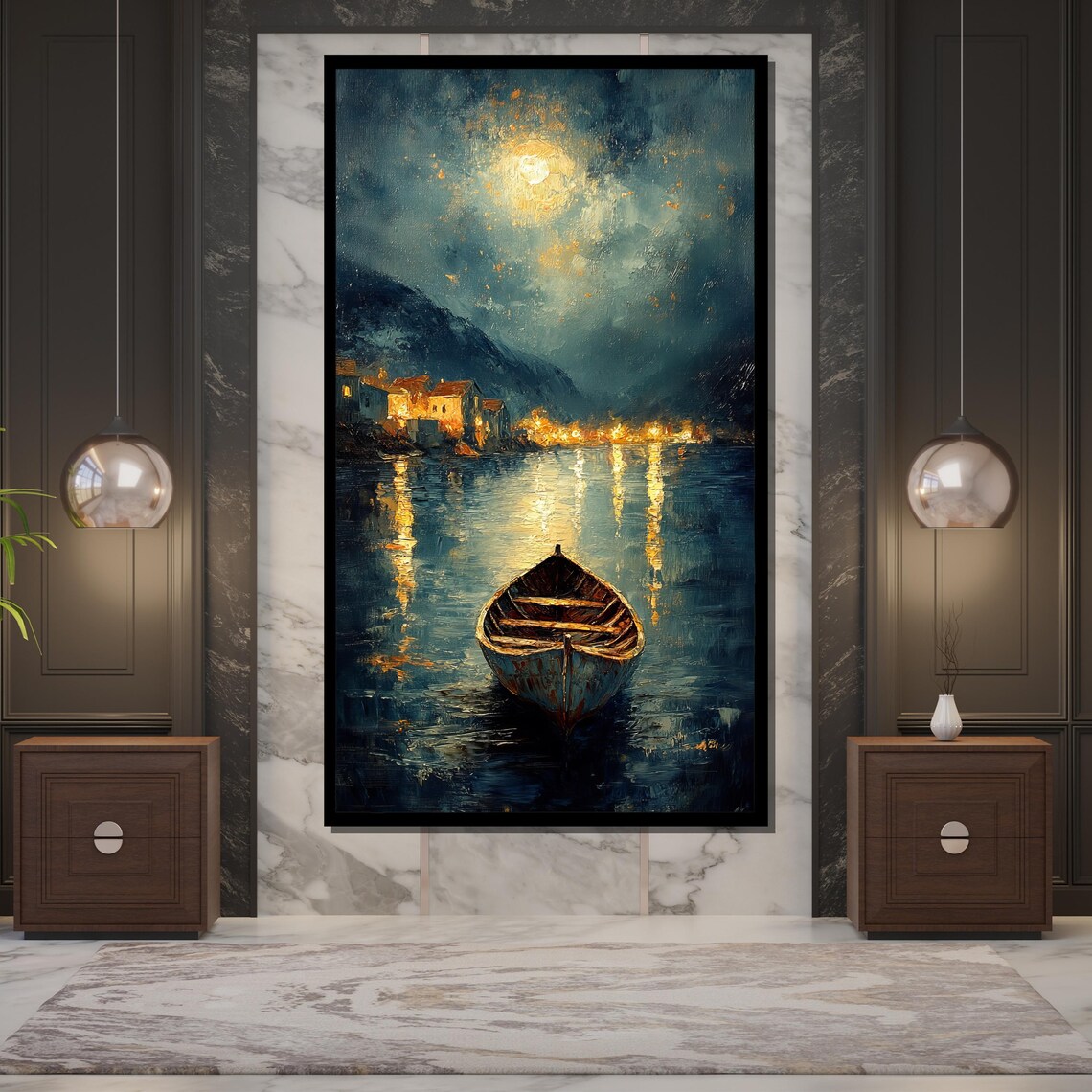 Moonlit Wooden Boat Night Lake Village Lights Serene Night Poster - Image 5