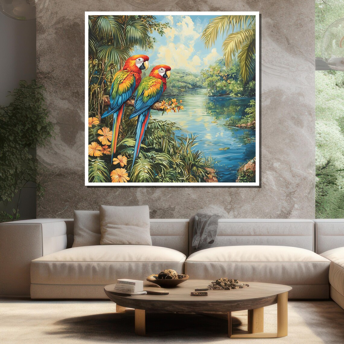 Scarlet Macaws By Tropical River Palm Jungle Painting Wildlife Poster - Image 3