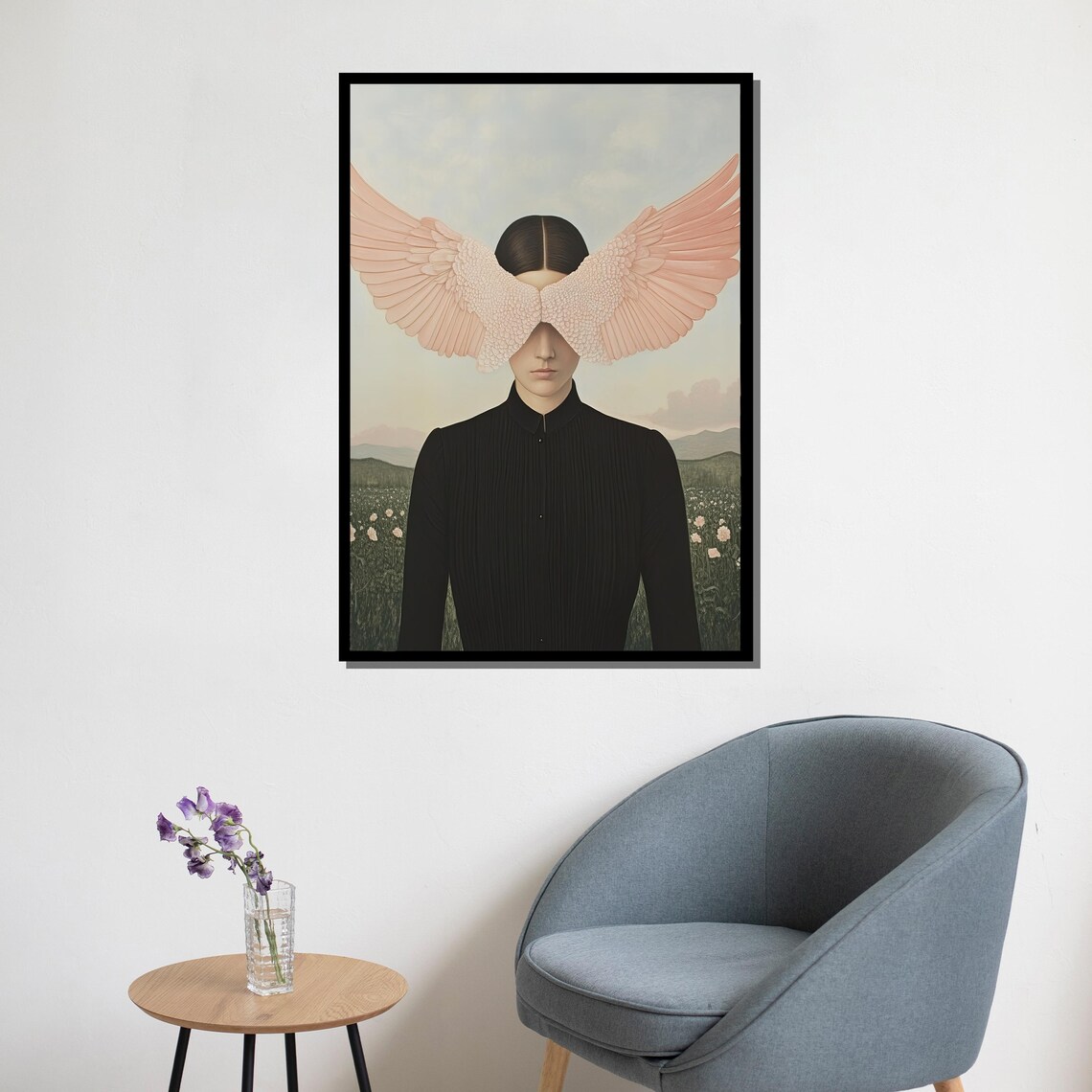 Surreal Woman With Pink Angel Wings Veiling Eyes In Flower Field Poster - Image 5
