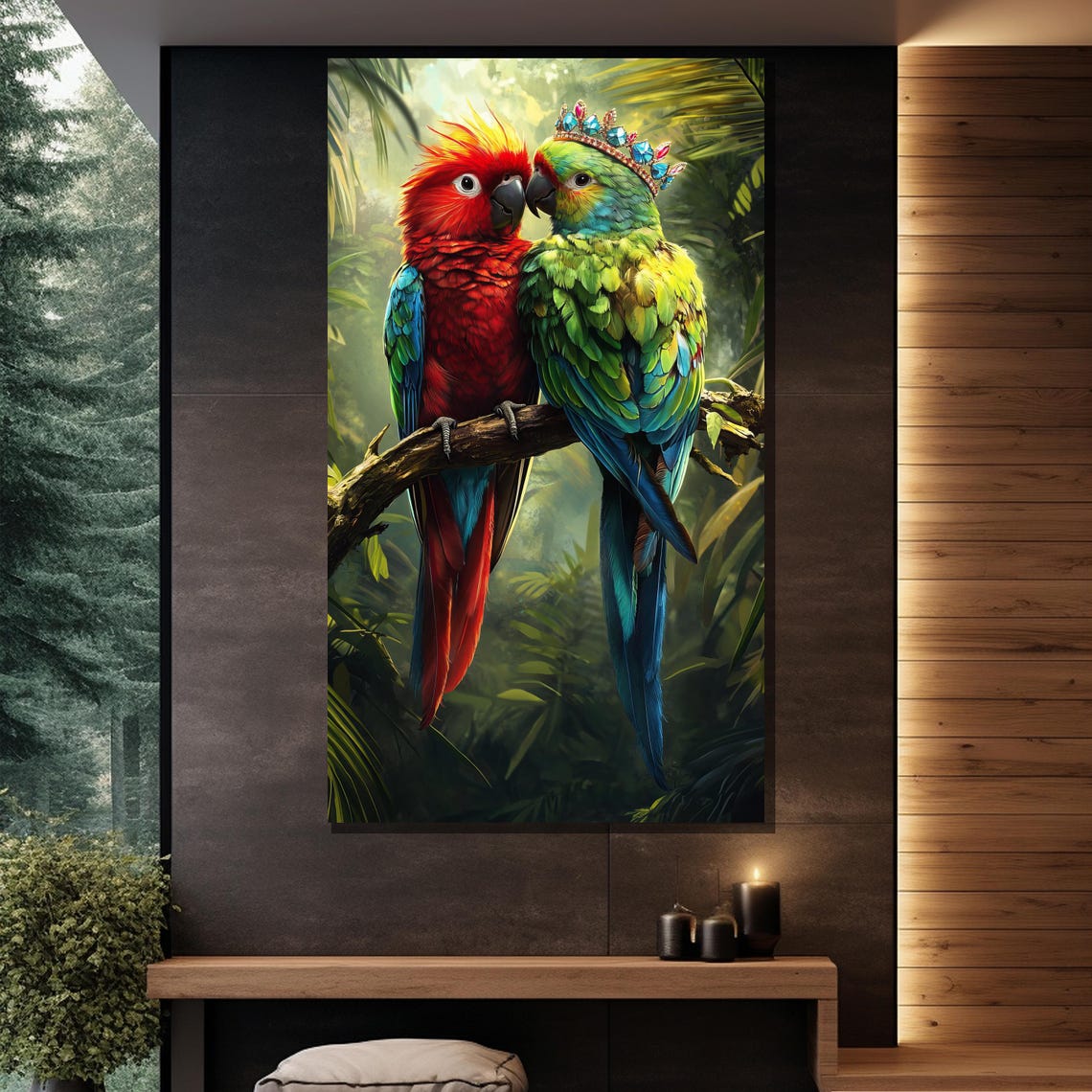 Crowned Parrot Pair Beak To Beak Whimsical Tropical Jungle Bird Poster - Image 2