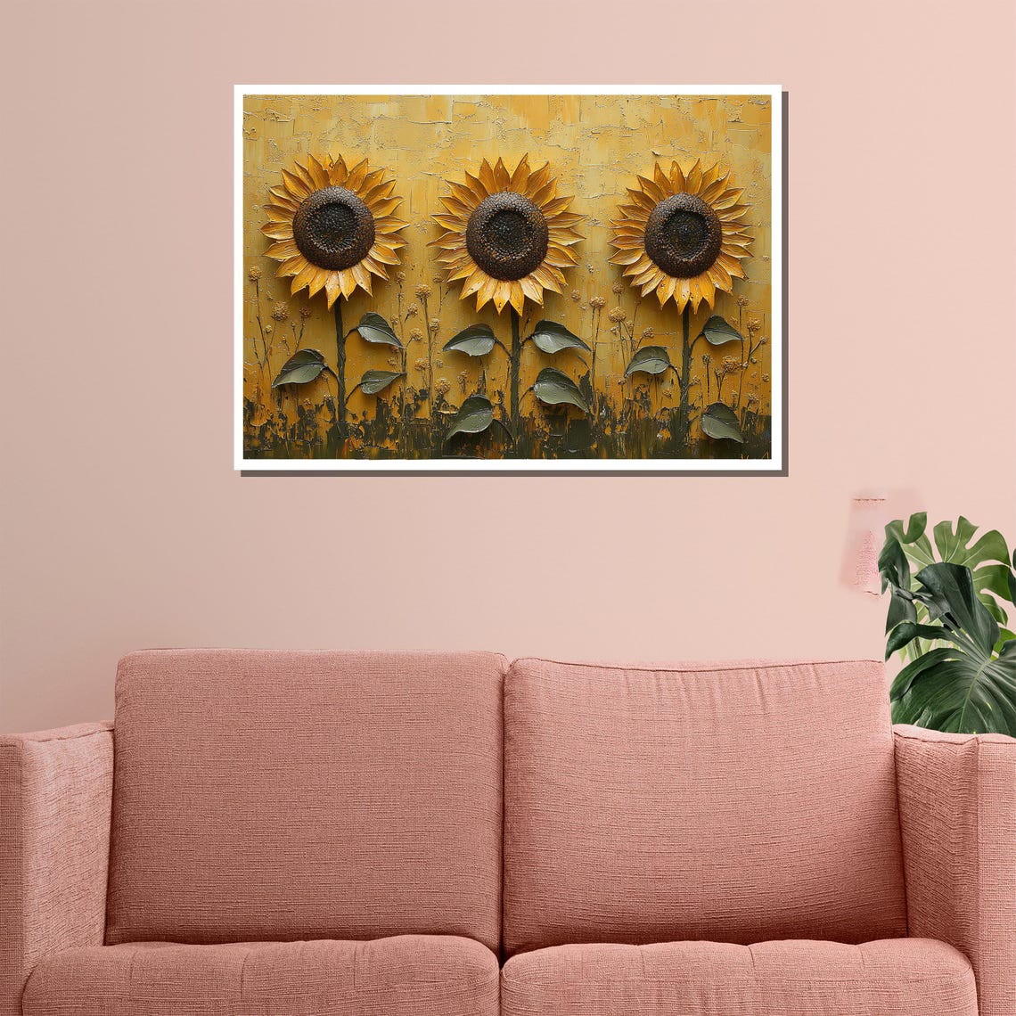 Golden Sunflowers Trio Textured Gold Impasto Painting Rustic Wall Art - Image 3