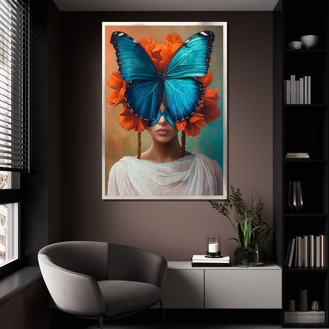 Blue Butterfly Mask Woman Surreal Portrait Orange Flowers Wall Poster - Image 4