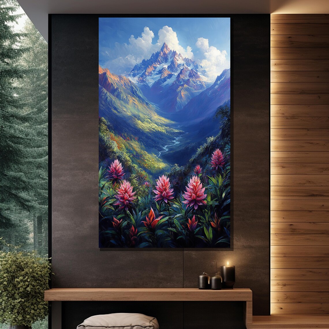 Snowy Mountain Valley Wildflower Meadow Vibrant Nature Painting Poster - Image 2