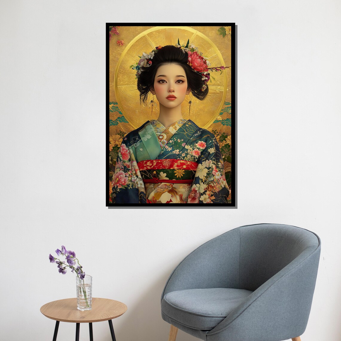 Japanese Kimono Woman Portrait Gold Leaf Floral Background Art Print - Image 5