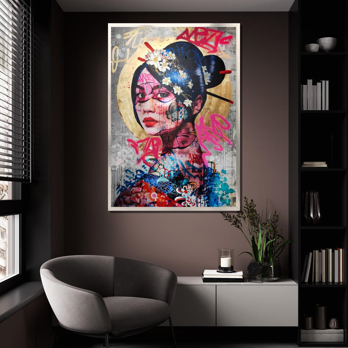 Graffiti Geisha Portrait With Cherry Blossoms Modern Art Wall Poster - Image 4