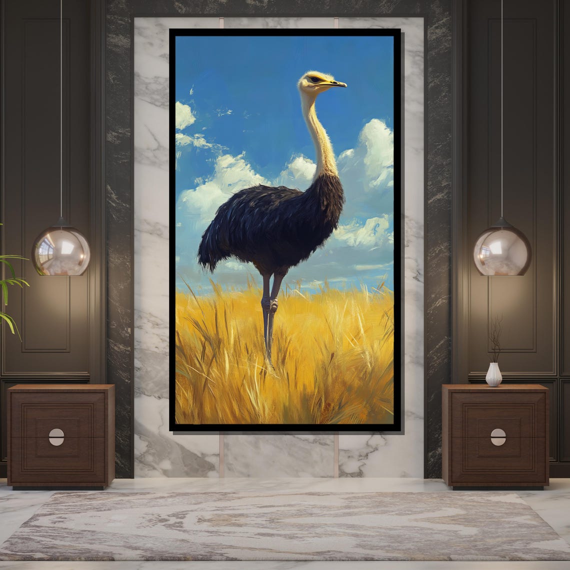 Ostrich Golden Wheat Field Tall Bird Blue Sky Savannah Wall Art - Image 5