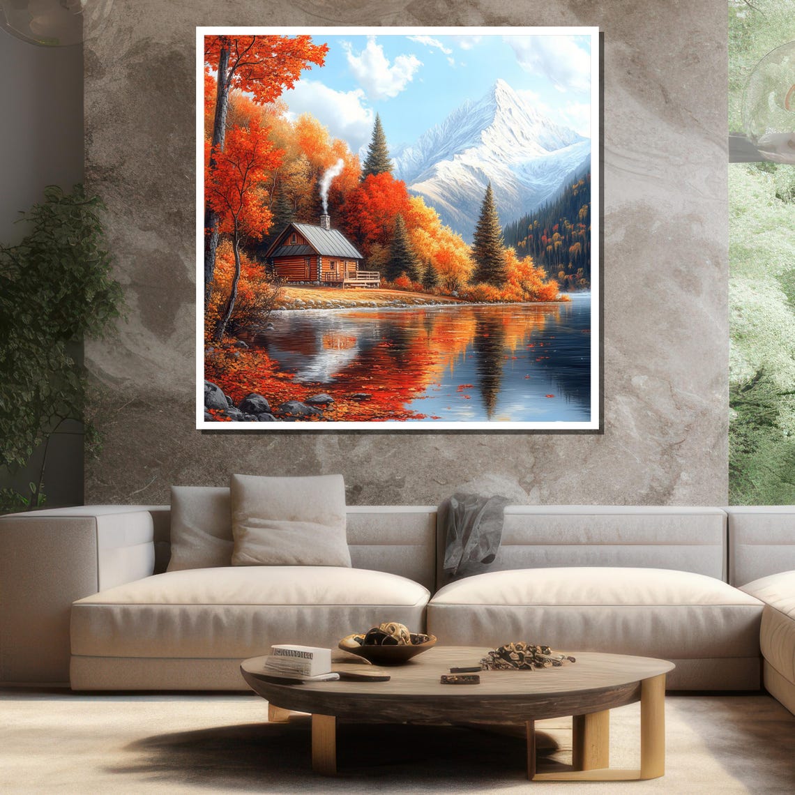 Autumn Cabin Lake Reflection Snowy Mountain Fall Foliage Poster - Image 3