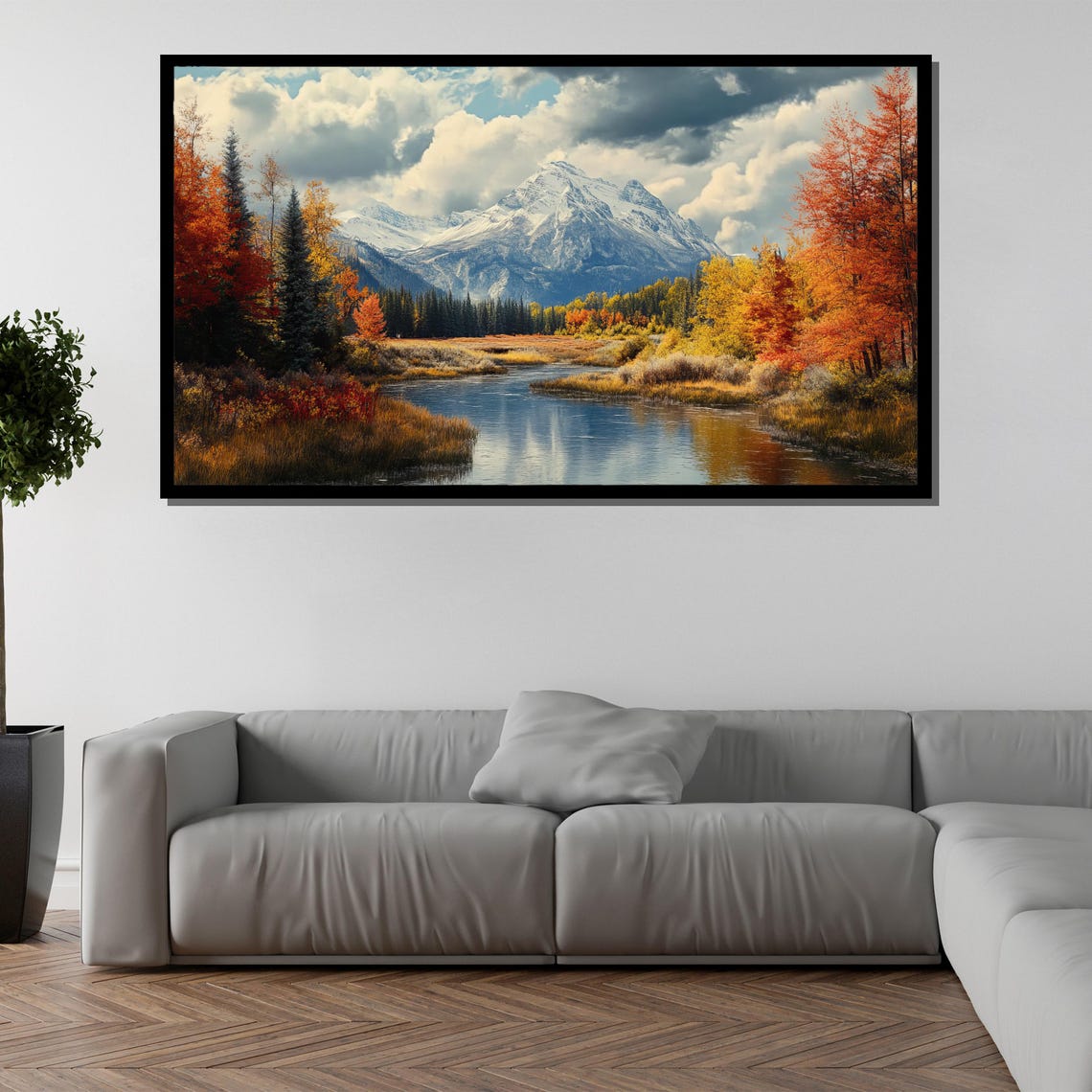 Snow Capped Mountain Autumn Lake Reflection Orange Trees Nature Poster - Image 5