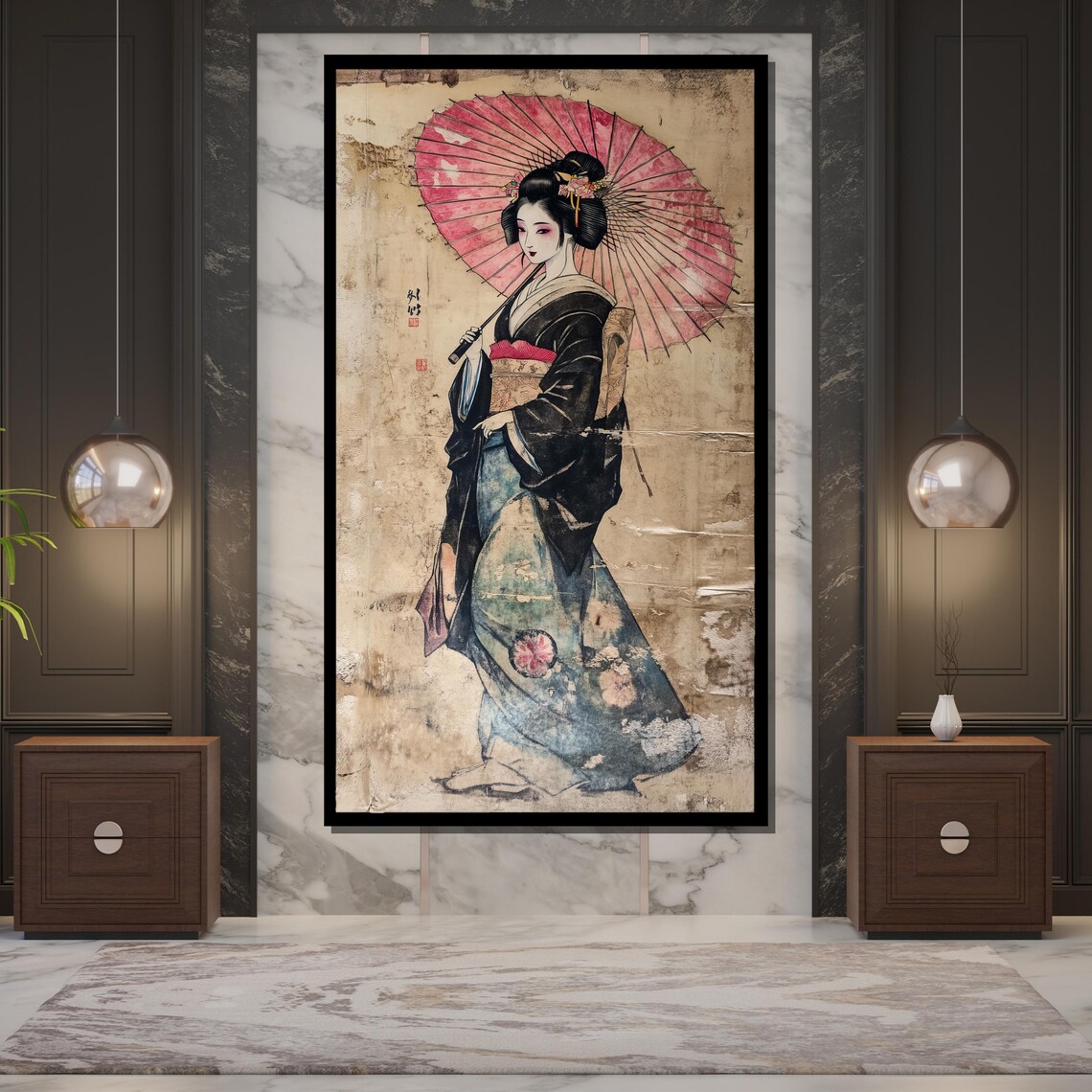 Vintage Geisha Pink Parasol Traditional Kimono Japanese Art Print - Image 5