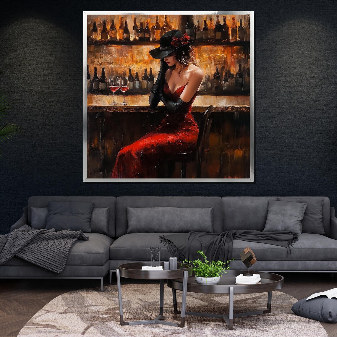 Red Dress Woman Wine Bar Painting Sultry Nightlife Elegant Wall Poster - Image 4