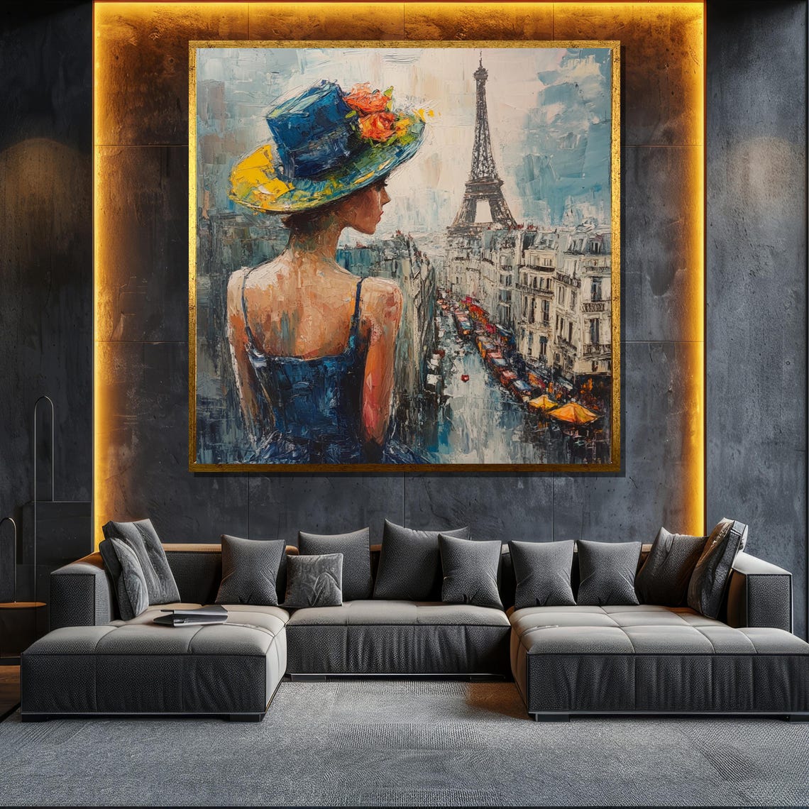 Elegant Woman Paris Eiffel Tower Street Blue Hat Floral Wall Poster