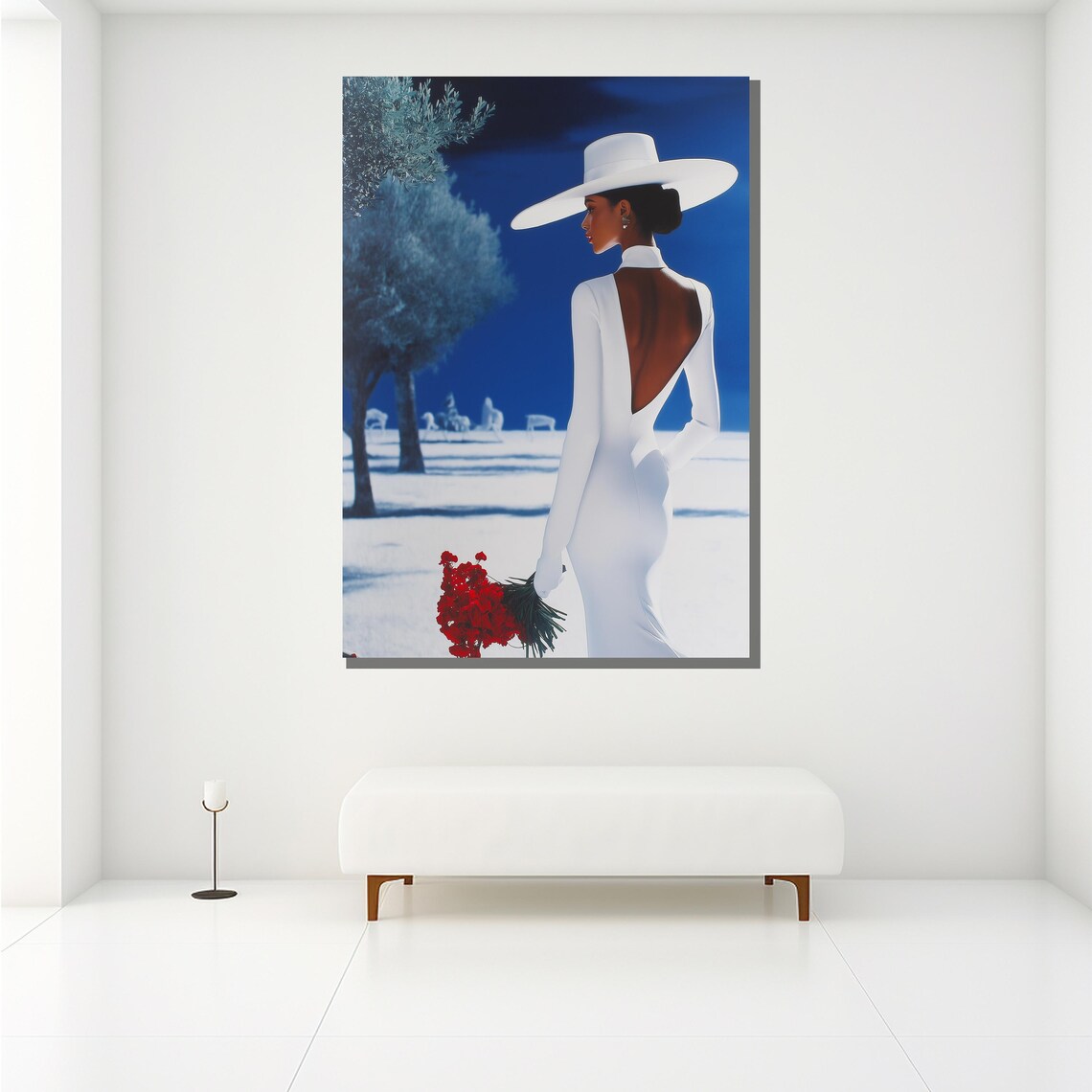 Elegant Woman White Dress Hat Red Roses Blue Background Fashion Poster - Image 2
