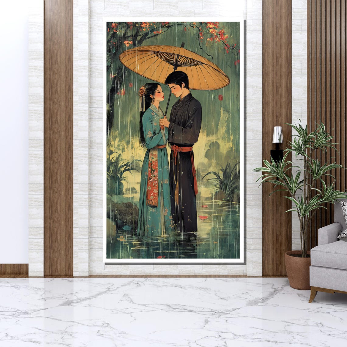 Romantic Chinese Couple Under Paper Umbrella In Rain Art Wall Poster - Image 3