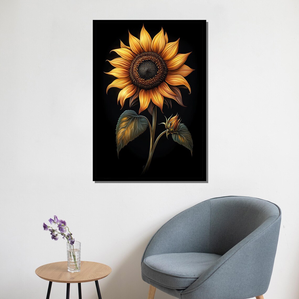 Golden Sunflower With Bud On Black Background Modern Art Poster - Image 5