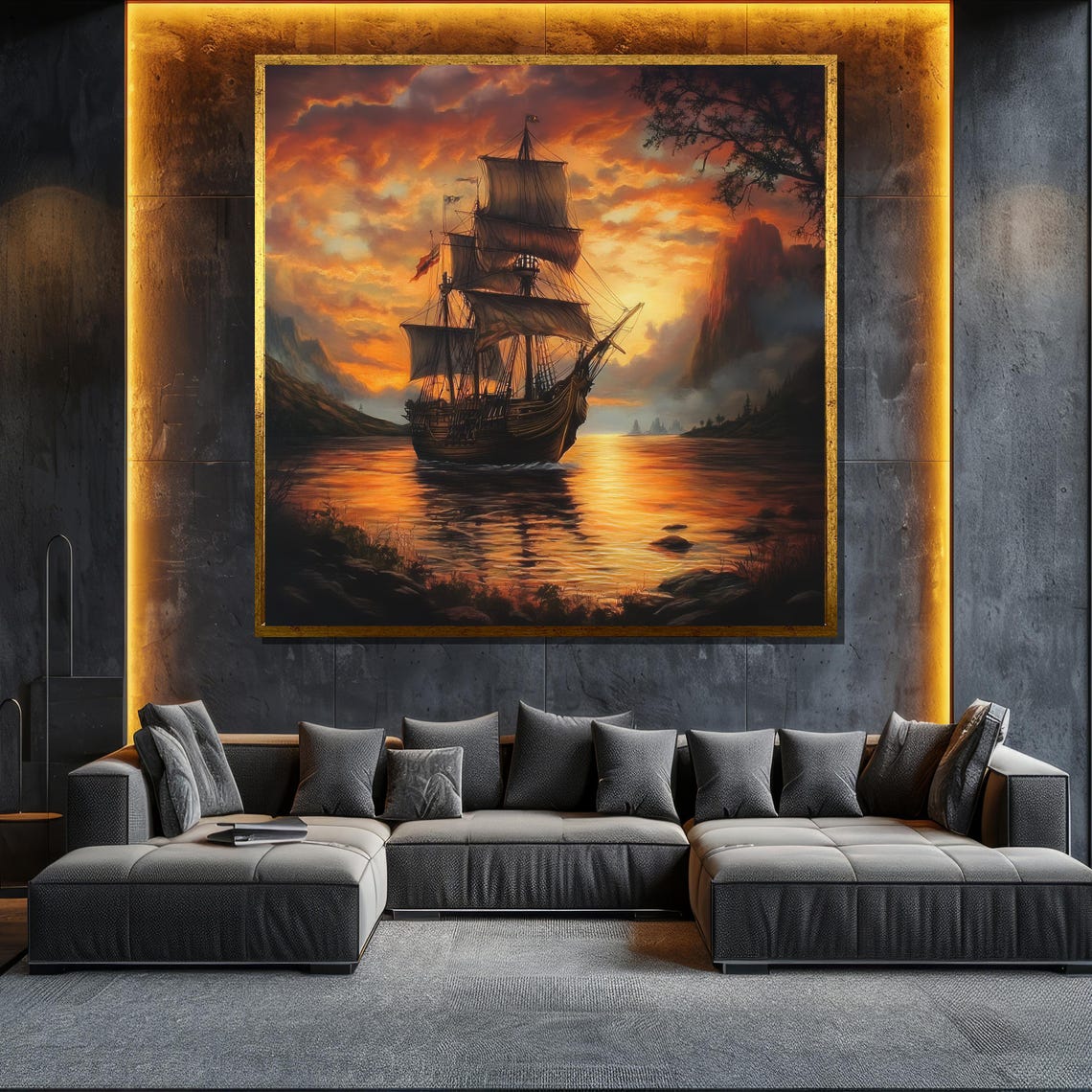 Tall Sailing Ship Fiery Sunset Ocean Dramatic Maritime Painting Poster