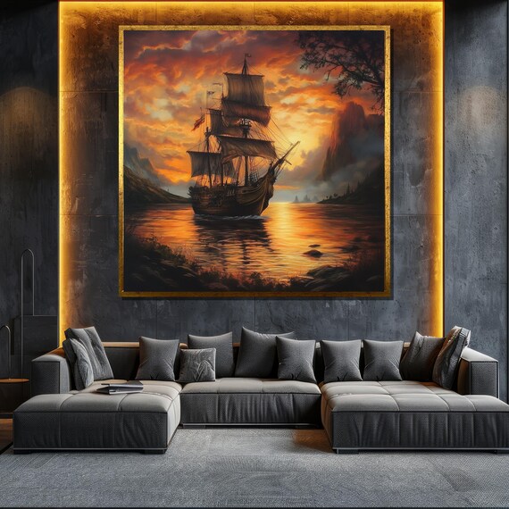 Sunset Ship Painting Large Sailing Boat Wall Art For Living Room Decor Nautical Gift Idea
