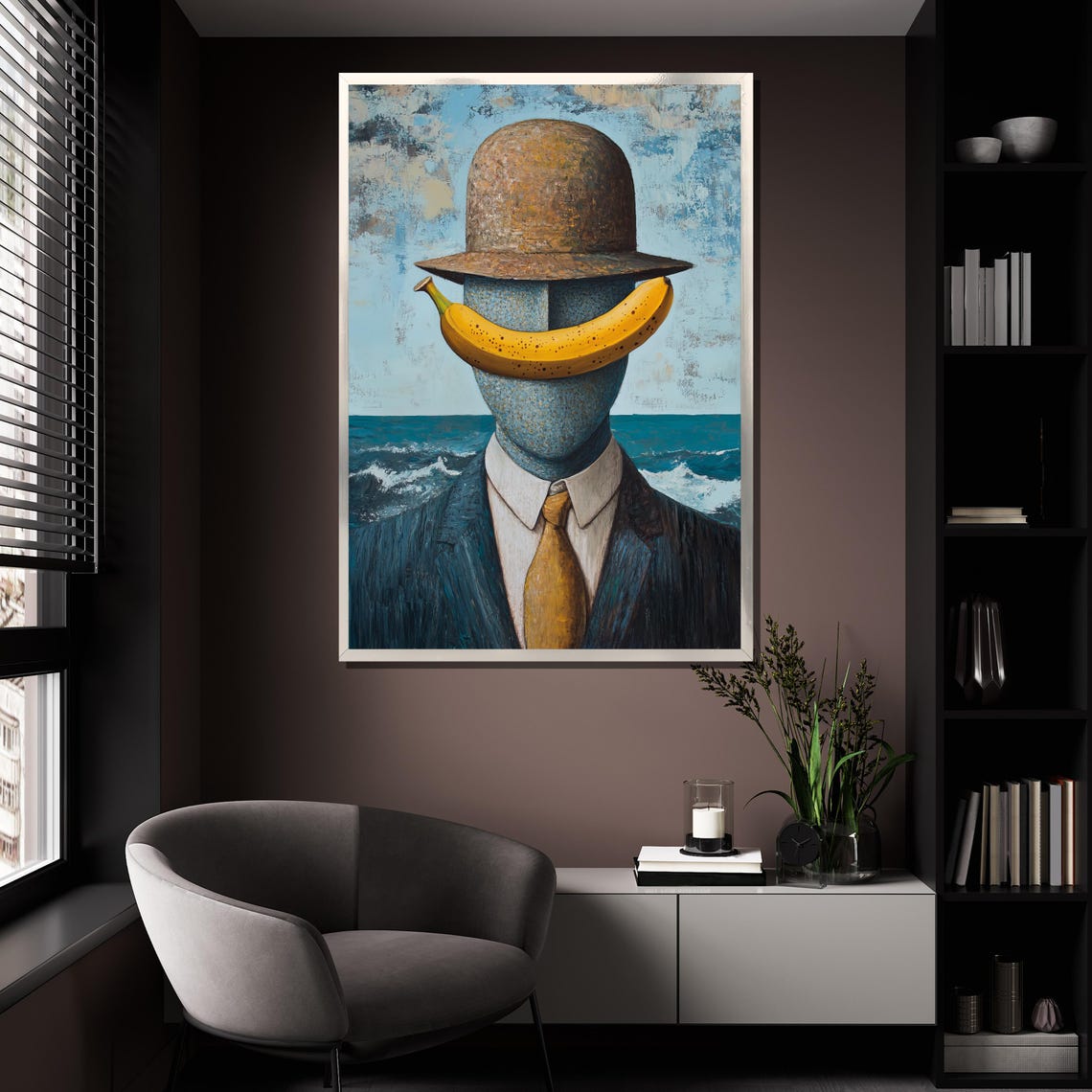 Bowler Hat Man With A Banana Smile By The Ocean Surreal Poster - Image 4