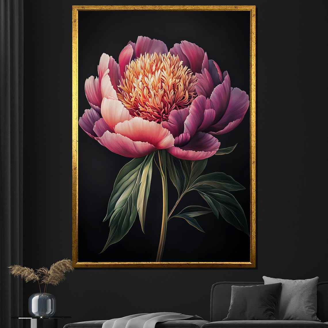 Pink Peony Bloom On Black Background Elegant Floral Wall Art Poster
