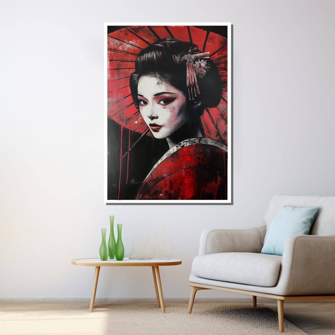 Bold Red Geisha Umbrella Portrait Dramatic Black Japanese Art Poster - Image 3