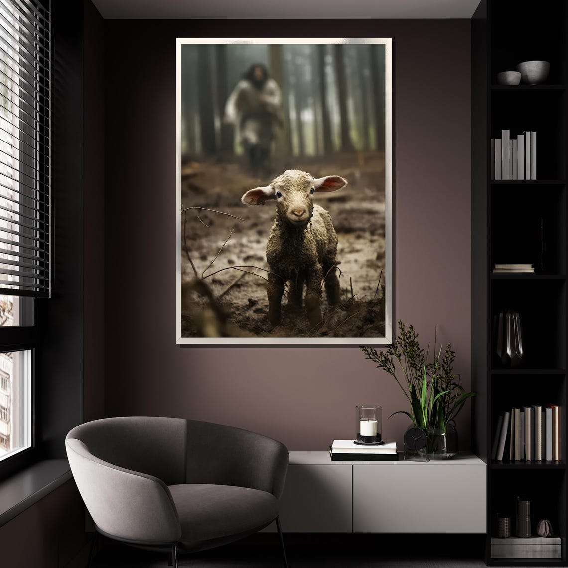 Jesus Rescuing The Lost Lamb In A Misty Forest Religious Art Poster - Image 4