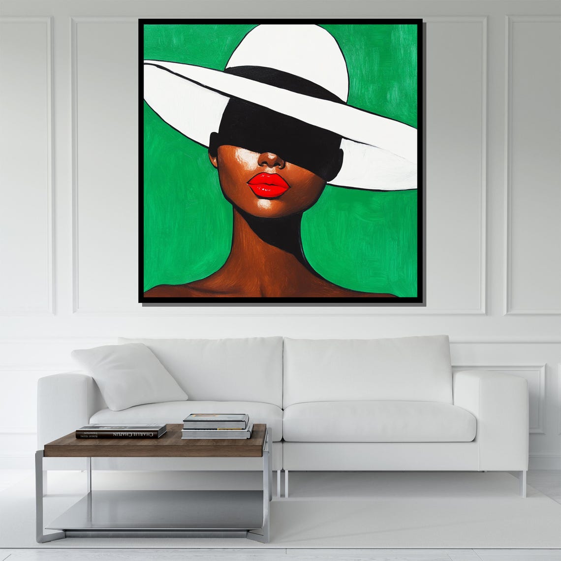 Stylish Woman White Hat Red Lips Green Background Bold Art Wall Poster - Image 5