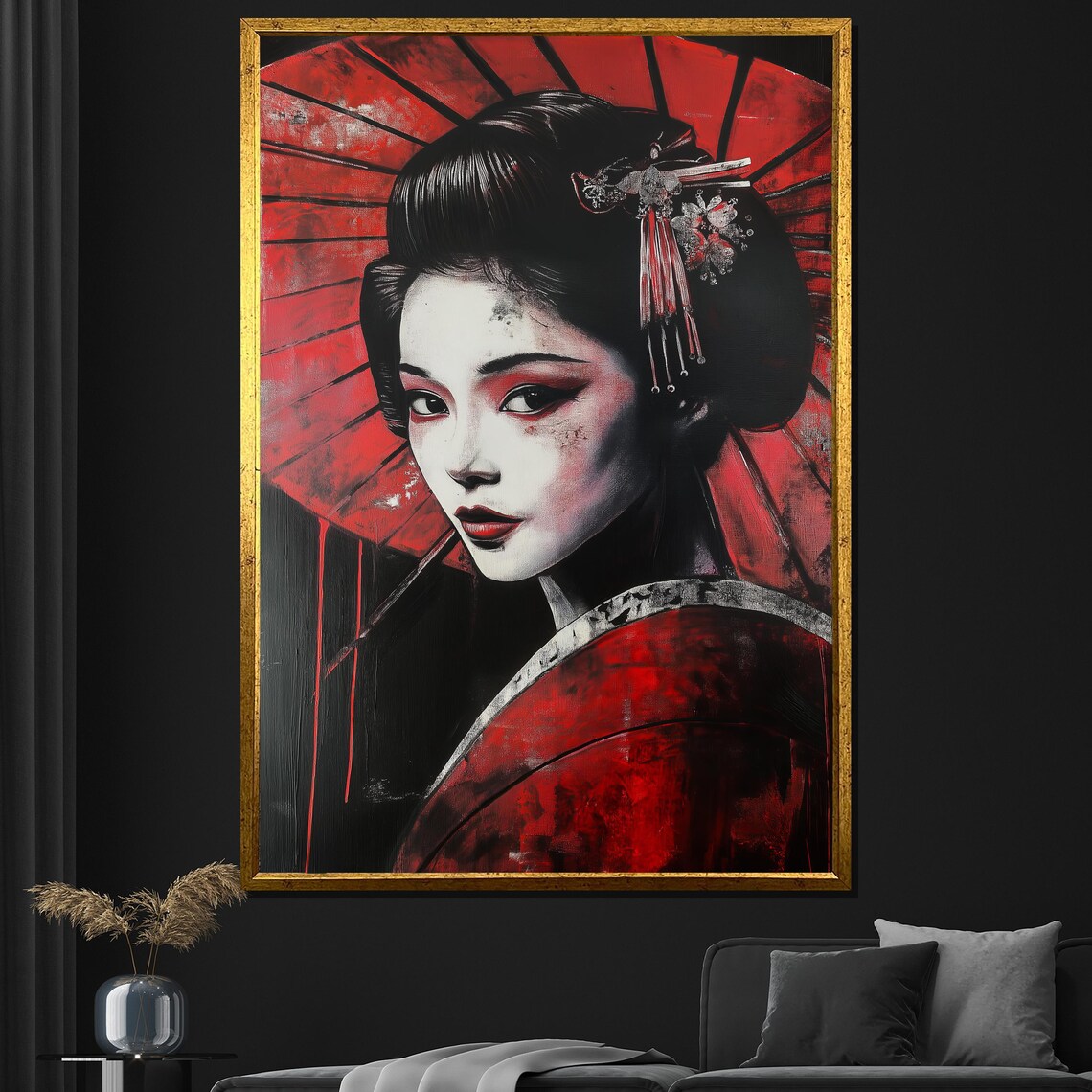 Bold Red Geisha Umbrella Portrait Dramatic Black Japanese Art Poster