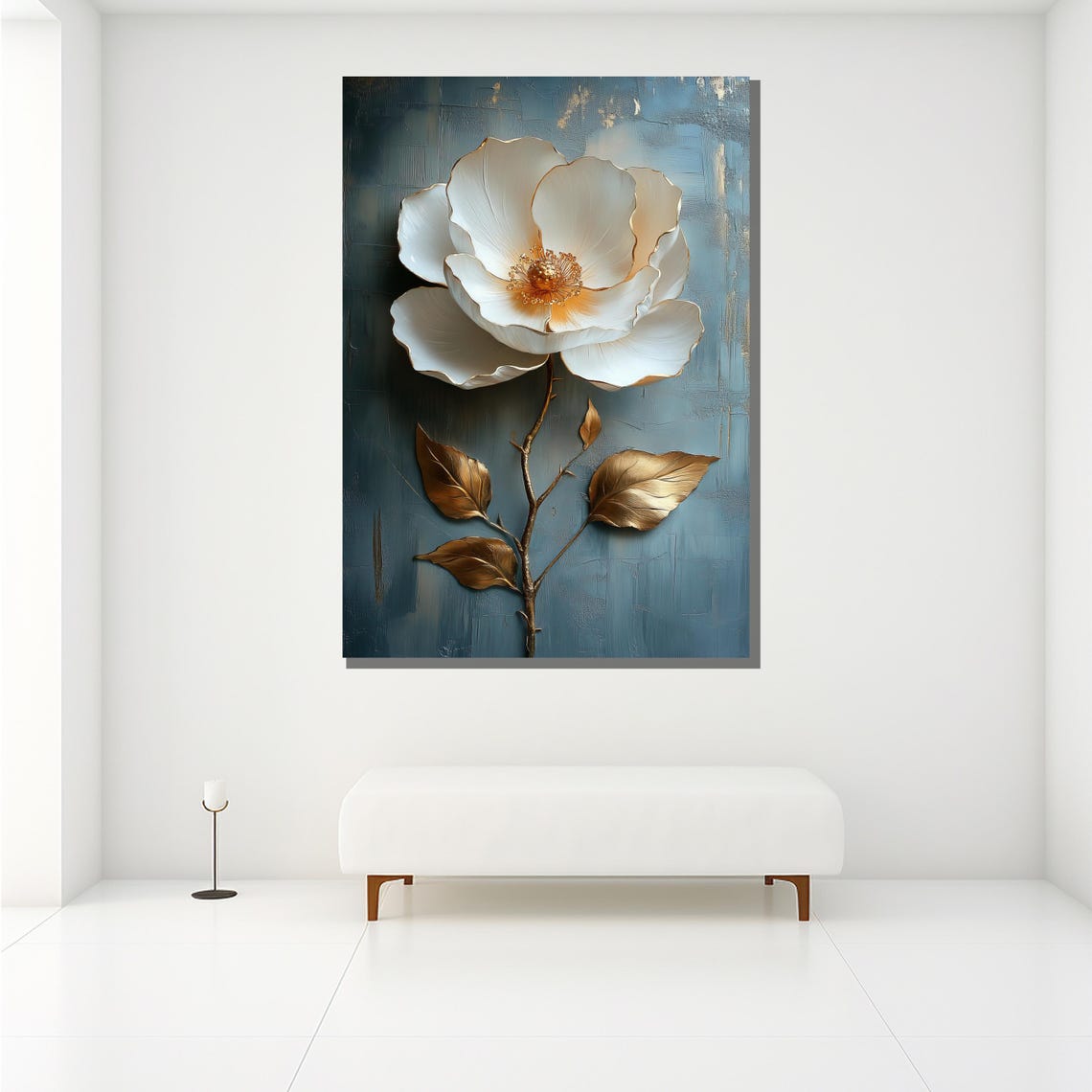 White Gold Flower Textured Painting Blue Background Elegant Wall Art - Image 2