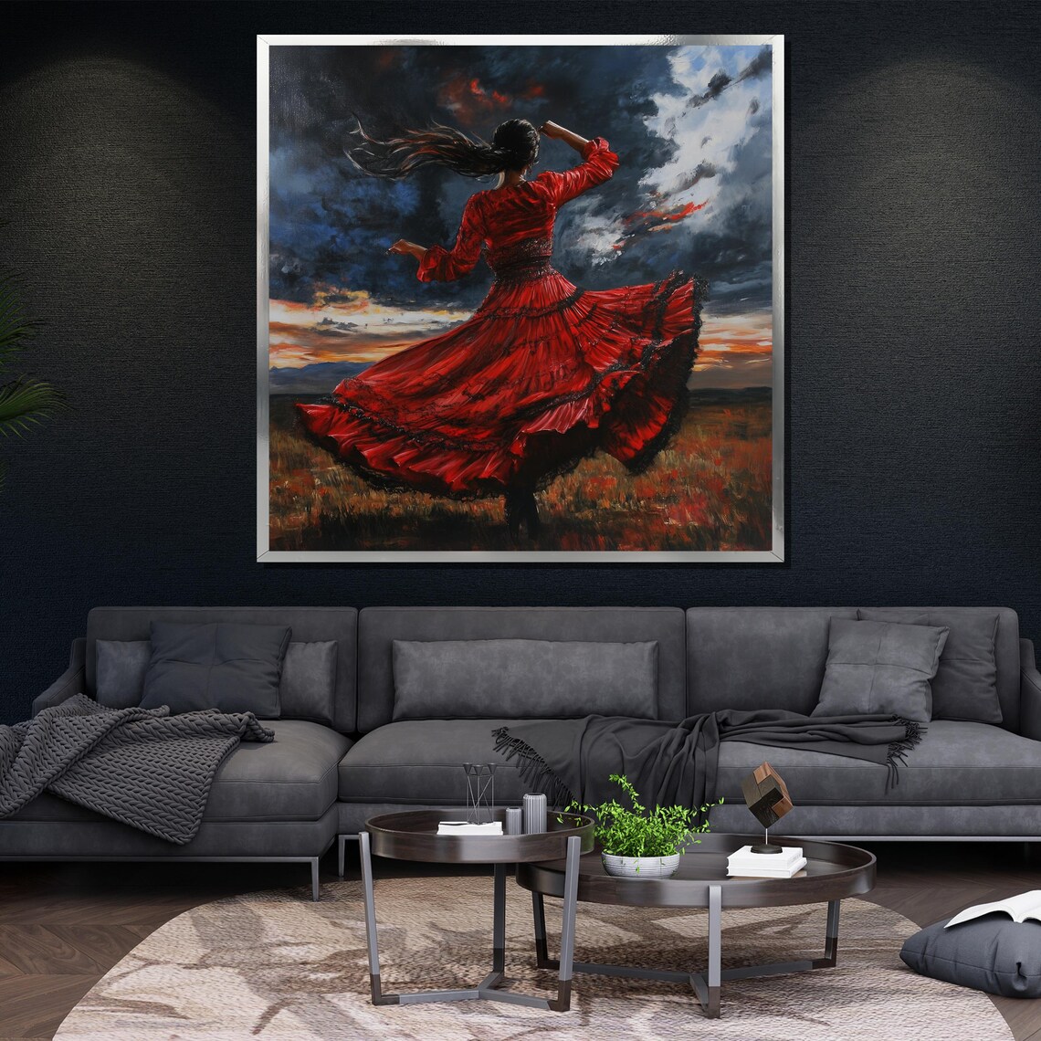 Flamenco Dancer In Red Dress Spinning At Sunset Field Painting Poster - Image 4
